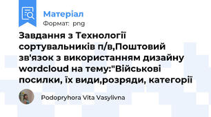 Завдання з Технології сортувальників п/в,Поштовий зв'язок з використанням дизайну wordcloud на тему:"Військові посилки, їх види,розряди, категорії