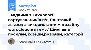 Завдання з Технології сортувальників п/в,Поштовий зв'язок з використанням дизайну wordcloud на тему:"Цінні авіа посилки, їх види,розряди, категорії