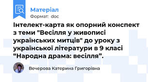 Інтелект-карта як опорний конспект з теми "Весілля у живописі українських митців" до уроку з української літератури в 9 класі “Народна драма: весілля”.