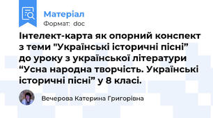 Інтелект-карта як опорний конспект з теми "Українські історичні пісні” до уроку з української літератури “Усна народна творчість. Українські історичні пісні” у 8 класі.