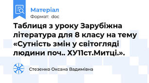 Таблиця з уроку Зарубіжна література для 8 класу на тему  «Сутність змін у світогляді людини поч.. ХУ11ст.Митці.».