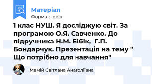 1 клас НУШ. Я досліджую світ. За програмою О.Я. Савченко. До підручника Н.М. Бібік,  Г.П. Бондарчук. Презентація на тему " Що потрібно для навчання"