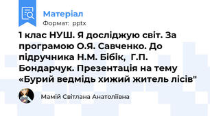 1 клас НУШ. Я досліджую світ. За програмою О.Я. Савченко. До підручника Н.М. Бібік,  Г.П. Бондарчук. Презентація на тему «Бурий ведмідь хижий житель лісів"