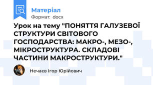 Урок на тему "ПОНЯТТЯ ГАЛУЗЕВОЇ СТРУКТУРИ СВІТОВОГО ГОСПОДАРСТВА: МАКРО-, МЕЗО-, МІКРОСТРУКТУРА. СКЛАДОВІ ЧАСТИНИ МАКРОСТРУКТУРИ."
