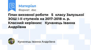 План виховної роботи   5  класу Залузької ЗОШ І-ІІ ступенів на 2017-2018 н. р.               Класний керівник:   Кунанець Іванна Андріївна