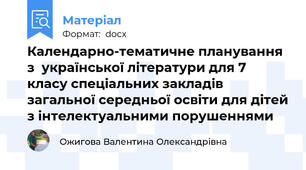 Календарно-тематичне планування з  української літератури для 7 класу спеціальних закладів загальної середньої освіти для дітей з інтелектуальними порушеннями