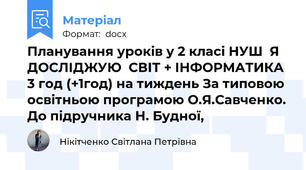 Планування уроків у 2 класі НУШ  Я ДОСЛІДЖУЮ  СВІТ + ІНФОРМАТИКА 3 год (+1год) на тиждень За типовою освітньою програмою О.Я.Савченко. До підручника Н. Будної,
