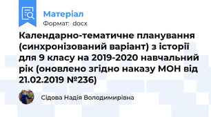 Календарно-тематичне планування (синхронізований варіант) з історії для 9 класу на 2019-2020 навчальний рік (оновлено згідно наказу МОН від 21.02.2019 №236)