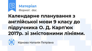 Календарне планування з англійської мови 9 класу до підручника О. Д. Карп'юк 2017р. зі змістовними лініями.