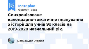Синхронізоване календарно-тематичне планування з історії для учнів 9х класів на 2019-2020 навчальний рік.