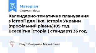 Календарно-тематичне планування з історії для 11кл. Історія України (профільний рівень)105 год. Всесвітня історія ( стандарт) 35 год