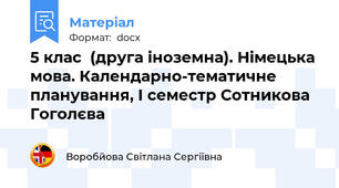 5 клас  (друга іноземна). Німецька мова. Календарно-тематичне планування, І семестр Сотникова Гоголєва