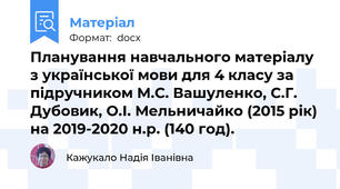 Планування навчального матеріалу з української мови для 4 класу за підручником М.С. Вашуленко, С.Г. Дубовик, О.І. Мельничайко (2015 рік) на 2019-2020 н.р. (140 год).
