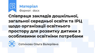 Співпраця закладів дошкільної, загальної середньої освіти та ІРЦ щодо організації освітнього простору для розвитку дитини з особливими освітніми потребами