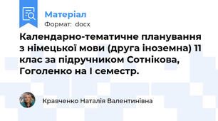 Календарно-тематичне планування з німецької мови (друга іноземна) 11 клас за підручником Сотнікова, Гоголенко на І семестр.