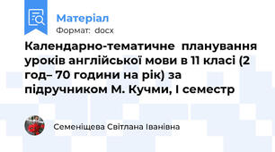 Календарно-тематичне  планування уроків англійської мови в 11 класі (2 год– 70 години на рік) за підручником М. Кучми, І семестр