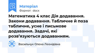 Математика 4 клас Дія додавання. Закони додавання. Табличне й поза табличне, усне і письмове додавання. Задачі, які розв’язуються додаванням.
