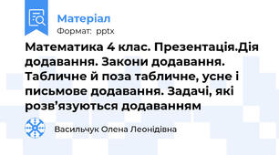 Математика 4 клас. Презентація.Дія додавання. Закони додавання. Табличне й поза табличне, усне і письмове додавання. Задачі, які розв’язуються додаванням
