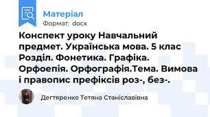 Конспект уроку Навчальний предмет. Українська мова. 5 клас Розділ. Фонетика. Графіка. Орфоепія. Орфографія.Тема. Вимова і правопис префіксів роз-, без-.