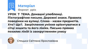 УРОК  7ТЕМА. Домашні улюбленці. Піктографічне письмо. Дорожні знаки. Правила поведінки на вулиці. Слова – назви предметів. Хто? Що?.Закріплення уміння орієнтуватися в сітці зошита та його лініях. Письмо прямих похилих ліній із заокругленням унизу
