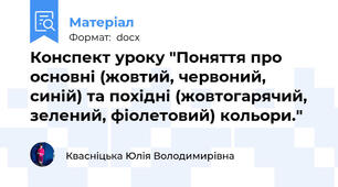 Конспект уроку "Поняття про основні (жовтий, червоний, синій) та похідні (жовтогарячий, зелений, фіолетовий) кольори."