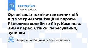 Організація техніко-тактичних дій під час гри.Організаційні вправи. Різновиди ходьби та бігу. Комплекс ЗРВ у парах. Стійки, пересування, зупинки