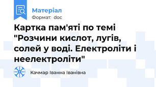 Картка пам'яті по темі "Розчини кислот, лугів, солей у воді. Електроліти і неелектроліти"