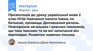 Презентація до уроку української мови 2 клас НУШ Навчаюся писати імена, по батькові, прізвища. Доповнення речень. Повторення загальних і власних іменників, що таке іменник та на які запитання він відповідає. Розвиток навичок письма.