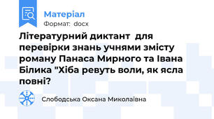 Літературний диктант  для перевірки знань учнями змісту роману Панаса Мирного та Івана Білика "Хіба ревуть воли, як ясла повні?