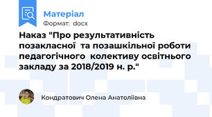 Наказ "Про результативність позакласної  та позашкільної роботи педагогічного  колективу освітнього закладу за 2018/2019 н. р."
