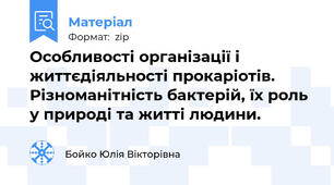 Особливості організації і життєдіяльності прокаріотів. Різноманітність бактерій, їх роль у природі та житті людини.