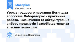Урок з трудового навчання Догляд за волоссям. Лабораторно - практична робота.  Визначення та обґрунтування вибору предметів і засобів догляду за власним волоссям.