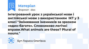 Інтегрований урок з української мови і англійської мови з використанням  ІКТ у 3 класі "Змінювання іменників за зразком «один-багато». Словниково-логічні вправи.What animals are these? Plural of nouns."