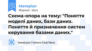 Схема-опора на тему: "Поняття моделі даних, бази даних. Поняття й призначення систем керування базами даних."
