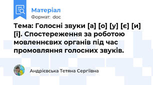 Тема: Голосні звуки [а] [о] [у] [є] [и] [і]. Спостереження за роботою мовленнєвих органів під час промовляння голосних звуків.