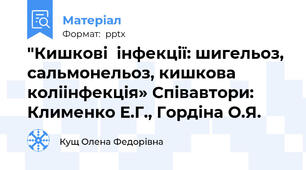 "Кишкові  інфекції: шигельоз, сальмонельоз, кишкова коліінфекція» Співавтори: Клименко Е.Г., Гордіна О.Я.