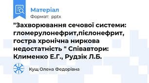 "Захворювання сечової системи: гломерулонефрит,пієлонефрит, гостра хронічна ниркова недостатність " Співавтори: Клименко Е.Г., Рудзік Л.Б.