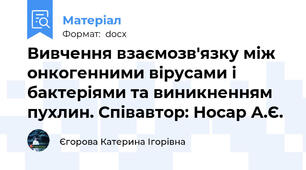 Вивчення взаємозв'язку між онкогенними вірусами і бактеріями та виникненням пухлин. Співавтор: Носар А.Є.