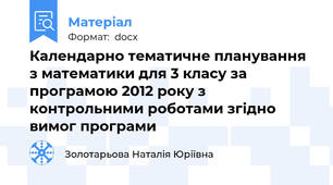 Календарно тематичне планування з математики для 3 класу за програмою 2012 року з контрольними роботами згідно вимог програми
