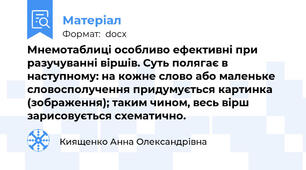 Мнемотаблиці особливо ефективні при разучуванні віршів. Суть полягає в наступному: на кожне слово або маленьке словосполучення придумується картинка (зображення); таким чином, весь вірш зарисовується схематично.