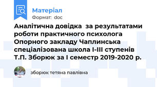 Аналітична довідка  за результатами роботи практичного психолога Опорного закладу Чаплинська  спеціалізована школа І-ІІІ ступенів  Т.П. Зборюк за І семестр 2019-2020 р.