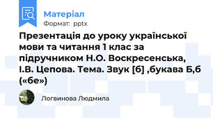 Презентація до уроку української мови та читання 1 клас за підручником Н.О. Воскресенська, І.В. Цепова. Тема. Звук [б] ,букава Б,б («бе»)