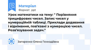 Урок математики на тему: " Порівняння трицифрових чисел. Запис чисел у нумераційній таблиці. Приклади додавання і віднімання, пов’язані з нумерацією чисел.    Розв’язування задач."