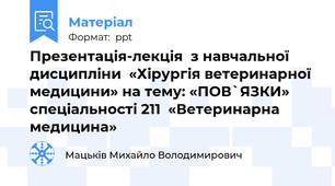 Презентація-лекція  з навчальної дисципліни  «Хірургія ветеринарної медицини» на тему: «ПОВ`ЯЗКИ»  спеціальності 211  «Ветеринарна медицина»