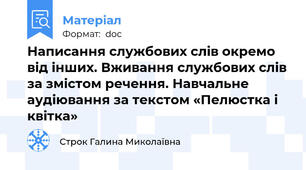 Написання службових слів окремо від інших. Вживання службових слів за змістом речення. Навчальне аудіювання за текстом «Пелюстка і квітка»