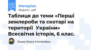 Таблиця до теми «Перші землероби та скотарі на території  України» Всесвітня історія, 6 клас.