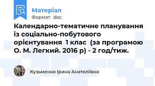 Календарно-тематичне планування із соціально-побутового орієнтування  1 клас  (за програмою О. М. Легкий. 2016 р) - 2 год/тиж.