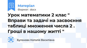 Урок математики 2 клас " Вправи та задачі на засвоєння таблиці множення числа 2 . Гроші в нашому житті "