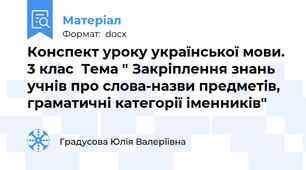 Конспект уроку української мови. 3 клас  Тема " Закріплення знань учнів про слова-назви предметів, граматичні категорії іменників"