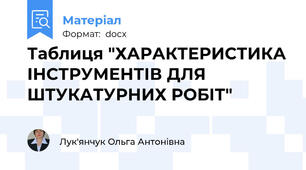 Таблиця "ХАРАКТЕРИСТИКА ІНСТРУМЕНТІВ ДЛЯ ШТУКАТУРНИХ РОБІТ"